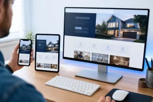 A responsive local business website displayed across phone tablet and desktop screens