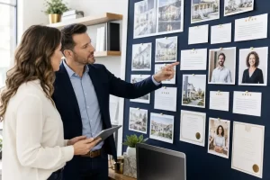 A local business owner and adviser reviewing customer proof and project evidence